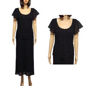 Vintage Cocktail Dress 80s S L Fashions Black Beaded Chiffon Size 6 Deadstock